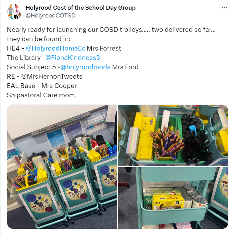 A tweet from the Holyrood High School cost of the school day group about their take what you need trolleys